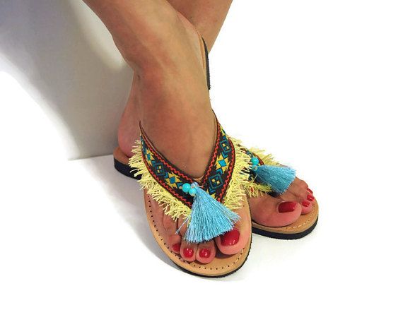 Ethnic flip flops, brown yellow sandals, tassel sandals, fringe flip