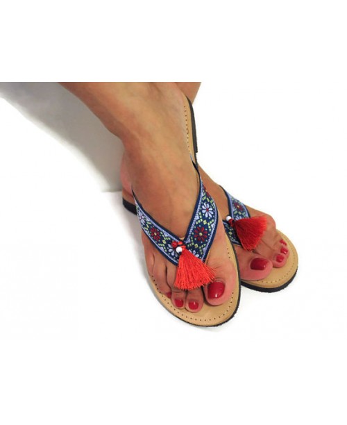 Fashion England Blue leather flip flops Greek'sandals ethnic'sandals