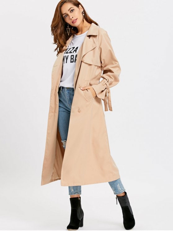 2019 Skirted Double-breasted Soft Trench Coat In KHAKI L | ZAFUL