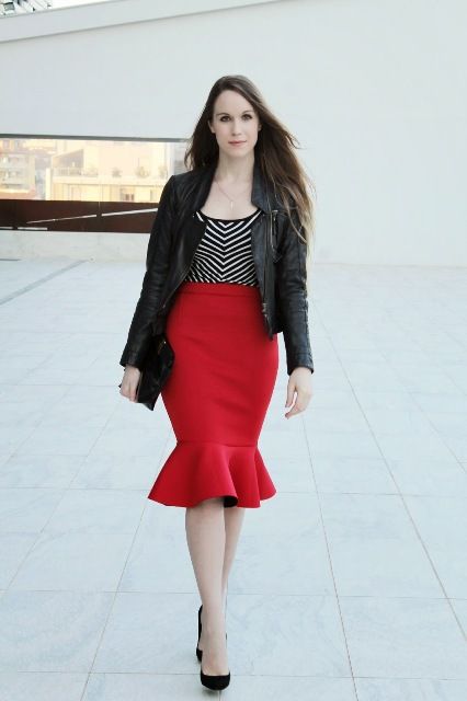 Red trumpet skirt with leather jacket | skirts | Pinterest | Skirts