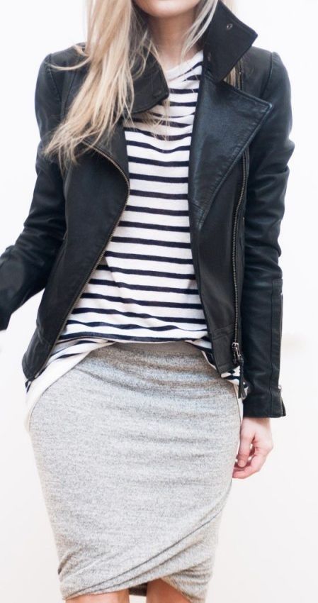 black leather jacket + breton + mini tulip skirt More | Fashion