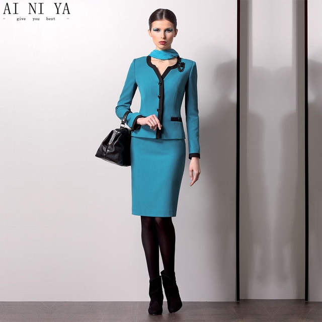 New Turquoise Women Church Suits Female Elegant Skirt Suits OL