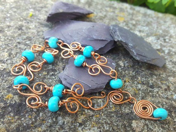 Turquoise Gemstone bracelet | Copper Wire wrap bracelet | Beaded