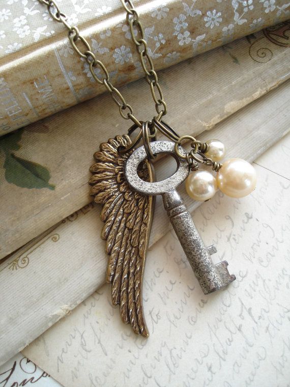 Antique Skeleton Key and Angel Wing Necklace, Shabby Vintage