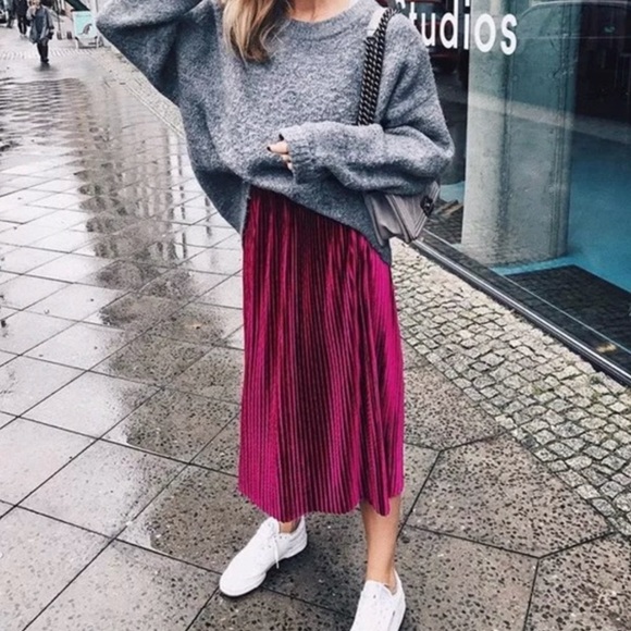 Zara Skirts | Fuchsia Pink Velvet Pleated Midi Skirt | Poshmark