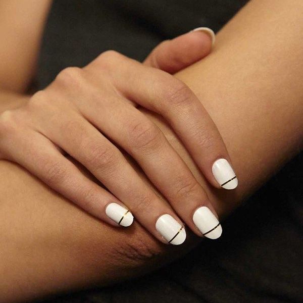 white nails. gold stripe detail. | Nails | Nails, Nail Art, Spring Nails