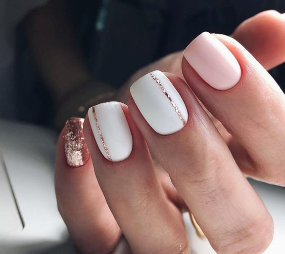Picture Of blush, white nails with a rose gold glitter touch and