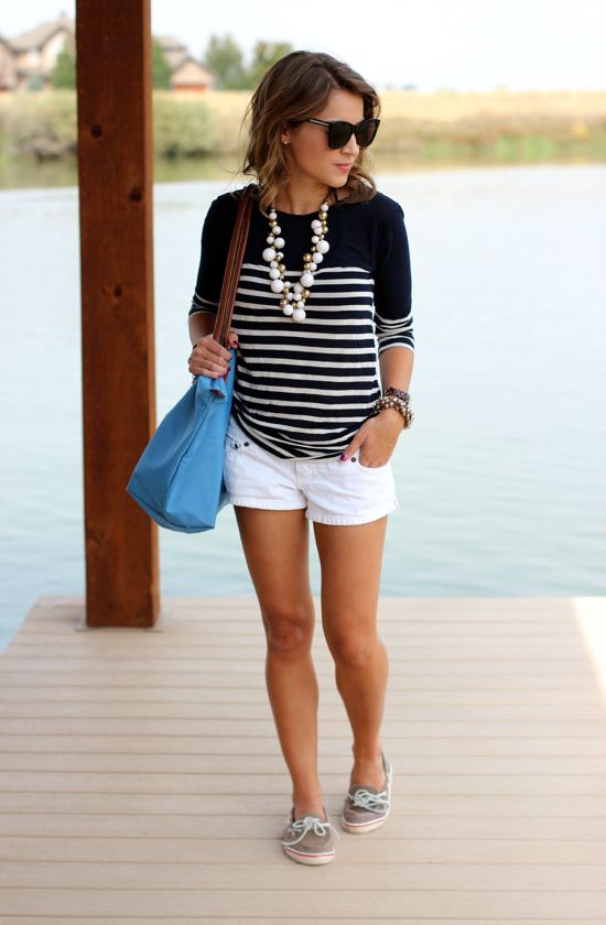 black/white striped tee white shorts add a pair of Tom's and a