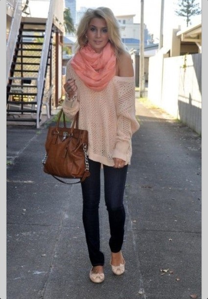 sweater, knitted sweater, jeans, scarf, flats, hobo bag, winter