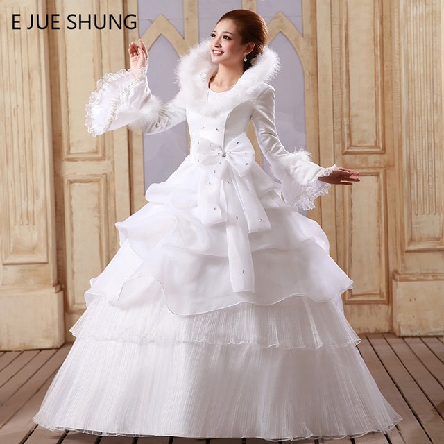 E JUE SHUNG White Organza Cheap Muslim Wedding Dresses 2018 Long