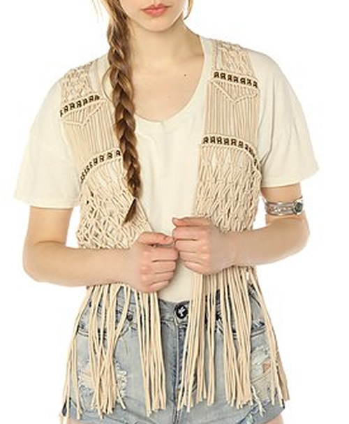 Pin My Style» 70s Fashion Crochet Fringe Vest with Silver Cuff Bangles