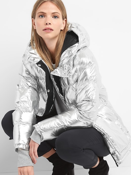 Gap Womens Coldcontrol Max Oversize Metallic Puffer Jacket Silver