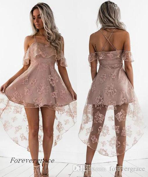 2017 Cute Pale Pink Short Homecoming Dress Vintage High Low Lace