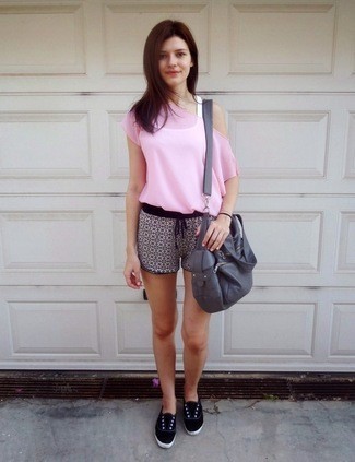 Women's Pink Silk Short Sleeve Blouse, White Tank, Grey Geometric