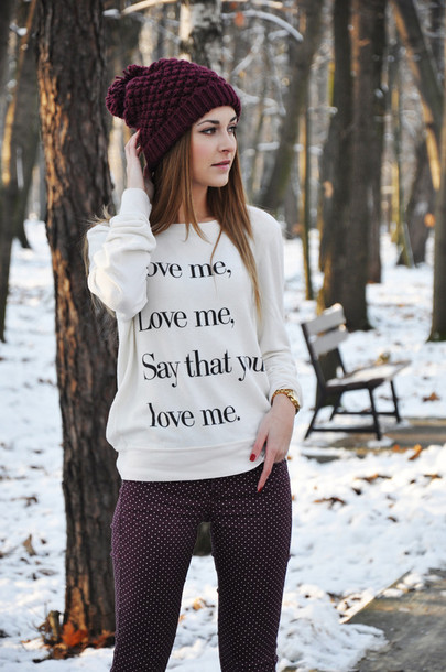 sweater, love, sweater, quote on it, textured sweater, pom pom