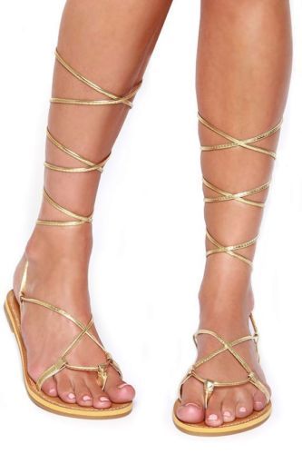 Lace Up Metallic Leg Wrap Thong Self Tie Flat Gladiator Flat Sandals