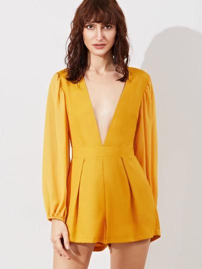 Yellow Long Sleeve Low V Neck Romper | { shop } | Rompers, Jumpsuit