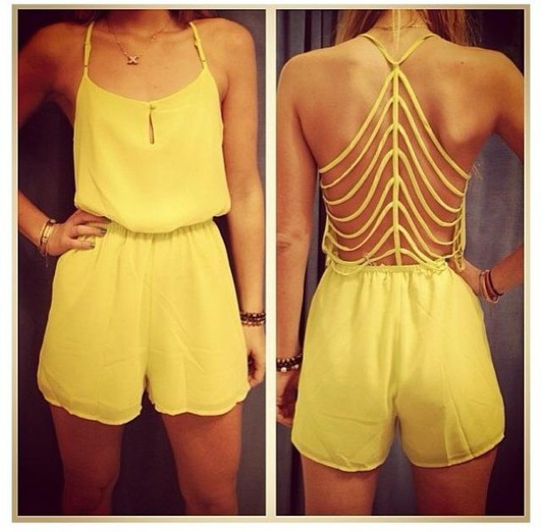 shorts, yellow, combi, combishort, romper, dress, cut-out, girly