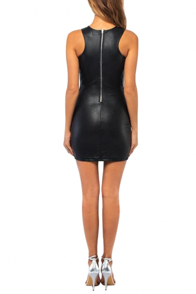 Black PU Sheer Net Insert Sleeveless Skinny Zipper Back Mini Dress